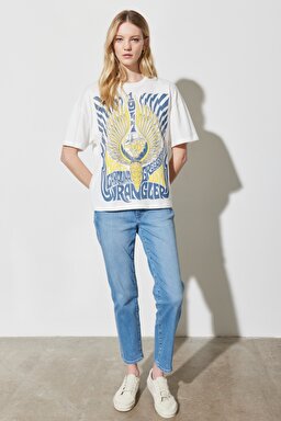 Regular Fit Normal Kesim %100 Pamuk Bisiklet Yaka Beyaz Tişört - Worn in White-W7R9EEW04 (görsel 4)