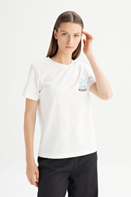 %100 Pamuk Regular Fit Normal Kesim Bisiklet Yaka Baskılı Beyaz Tişört - Worn White-W7XB5920W02