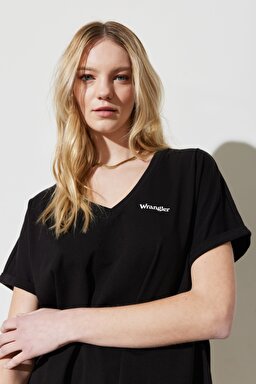 Regular Fit Normal Kesim %100 Pamuk V Yaka Siyah Tişört - Black-W7XKEV100 (görsel 3)