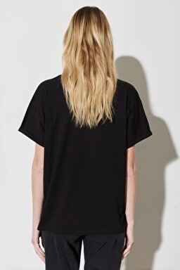 Regular Fit Normal Kesim %100 Pamuk V Yaka Siyah Tişört - Black-W7XKEV100 (görsel 5)