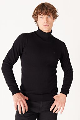 Regular Fit Normal Kesim %100 Pamuk Balıkçı Yaka Siyah Triko - Black-W8D42P100
