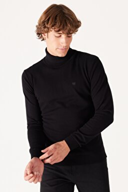 Regular Fit Normal Kesim %100 Pamuk Balıkçı Yaka Siyah Triko - Black-W8D42P100 (görsel 3)