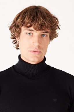 Regular Fit Normal Kesim %100 Pamuk Balıkçı Yaka Siyah Triko - Black-W8D42P100 (görsel 4)