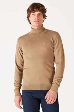 Regular Fit Normal Kesim %100 Pamuk Balıkçı Yaka Bej Triko - Lead Grey-W8D42PM24