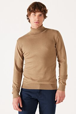 Regular Fit Normal Kesim %100 Pamuk Balıkçı Yaka Bej Triko - Lead Grey-W8D42PM24 (görsel 2)