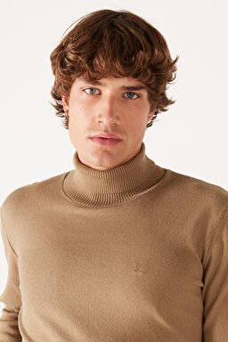 Regular Fit Normal Kesim %100 Pamuk Balıkçı Yaka Bej Triko - Lead Grey-W8D42PM24 (görsel 4)
