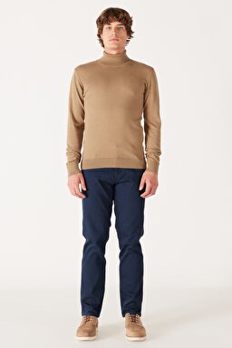 Regular Fit Normal Kesim %100 Pamuk Balıkçı Yaka Bej Triko - Lead Grey-W8D42PM24 (görsel 5)