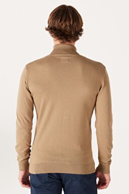 Regular Fit Normal Kesim %100 Pamuk Balıkçı Yaka Bej Triko - Lead Grey-W8D42PM24 (görsel 6)