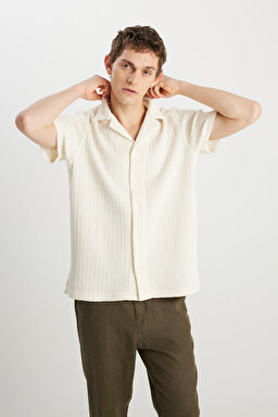 Relaxed Fit Geniş Kesim Bej Gömlek - Natural-W8G17444919 (görsel 2)