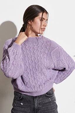 Regular Fit Normal Kesim Bisiklet Yaka Lila Triko Kazak - Bougainville Purple-W8P8PUP54