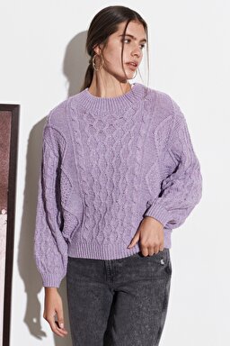 Regular Fit Normal Kesim Bisiklet Yaka Lila Triko Kazak - Bougainville Purple-W8P8PUP54 (görsel 2)