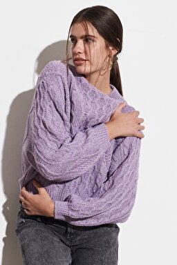 Regular Fit Normal Kesim Bisiklet Yaka Lila Triko Kazak - Bougainville Purple-W8P8PUP54 (görsel 3)