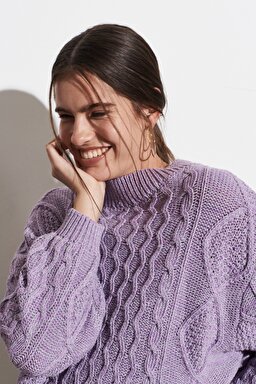 Regular Fit Normal Kesim Bisiklet Yaka Lila Triko Kazak - Bougainville Purple-W8P8PUP54 (görsel 5)
