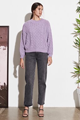 Regular Fit Normal Kesim Bisiklet Yaka Lila Triko Kazak - Bougainville Purple-W8P8PUP54 (görsel 6)
