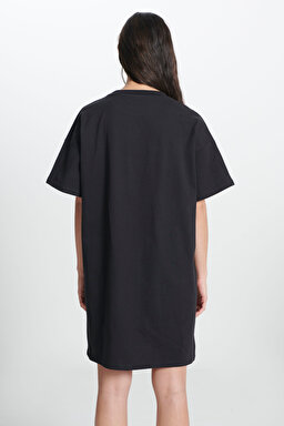 Loose Fit Rahat Kesim %100 Pamuk Kısa Kollu Siyah Elbise - Wornblack-W9P9GFZ01 (görsel 5)