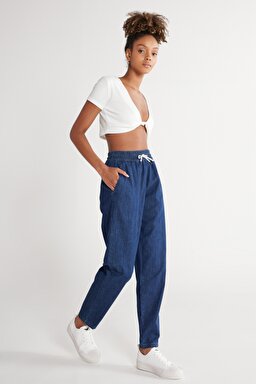 Regular Fit Normal Kesim %100 Pamuk Yüksek Bel Jean Jogger Pantolon - Mid Stone-WJW400114V (görsel 3)