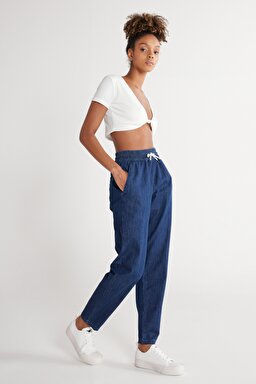 Regular Fit Normal Kesim %100 Pamuk Yüksek Bel Jean Jogger Pantolon - Mid Stone-WJW400114V (görsel 4)