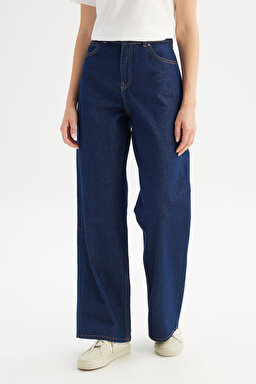 %100 Pamuk Wide Leg Yüksek Bel Geniş Paça Koyu Mavi Denim Pantolon - Rinse-WNW10000136 (görsel 2)