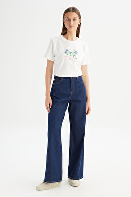 %100 Pamuk Wide Leg Yüksek Bel Geniş Paça Koyu Mavi Denim Pantolon - Rinse-WNW10000136 (görsel 3)
