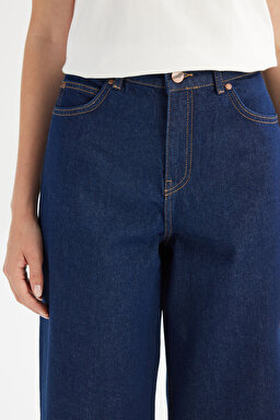 %100 Pamuk Wide Leg Yüksek Bel Geniş Paça Koyu Mavi Denim Pantolon - Rinse-WNW10000136 (görsel 4)