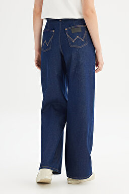 %100 Pamuk Wide Leg Yüksek Bel Geniş Paça Koyu Mavi Denim Pantolon - Rinse-WNW10000136 (görsel 5)