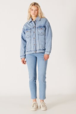 Relaxed Fit Geniş Kesim %100 Pamuk Açık Mavi Trucker Jean Denim Kot Ceket - Scare Crow-WU41W9501 (görsel 7)