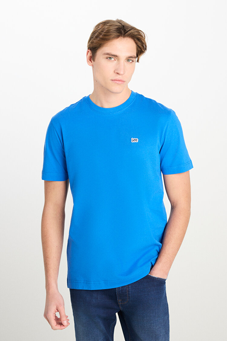 Regular Fit Normal Kesim Bisiklet Yaka Pamuklu Saks Mavisi Tişört